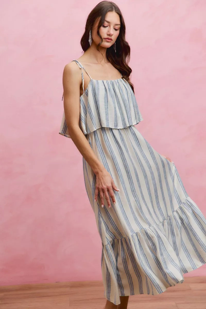 SO ME Stripe Tiered Shoulder Tie Midi Lined Dress