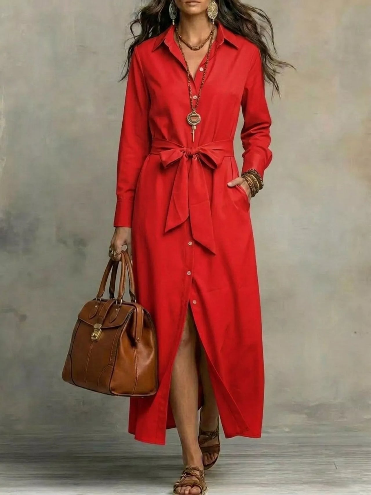 Full Size Tie Waist Long Sleeve Shirt Dress Plus Size