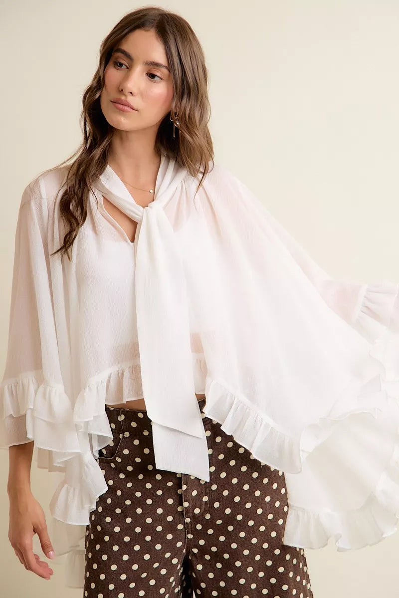 SO ME Sheer Ruffle Bell Sleeves Bow Tie Flowy Blouse Top