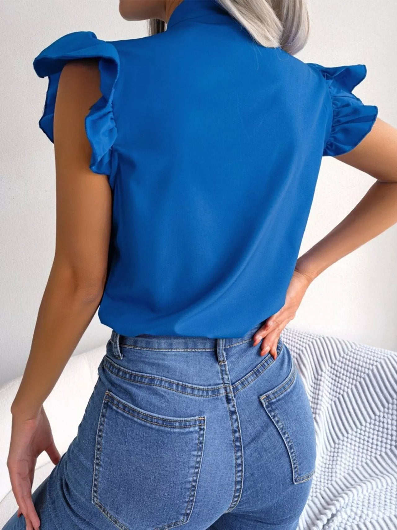 Bow Tie Ruffle Sleeve Blouse