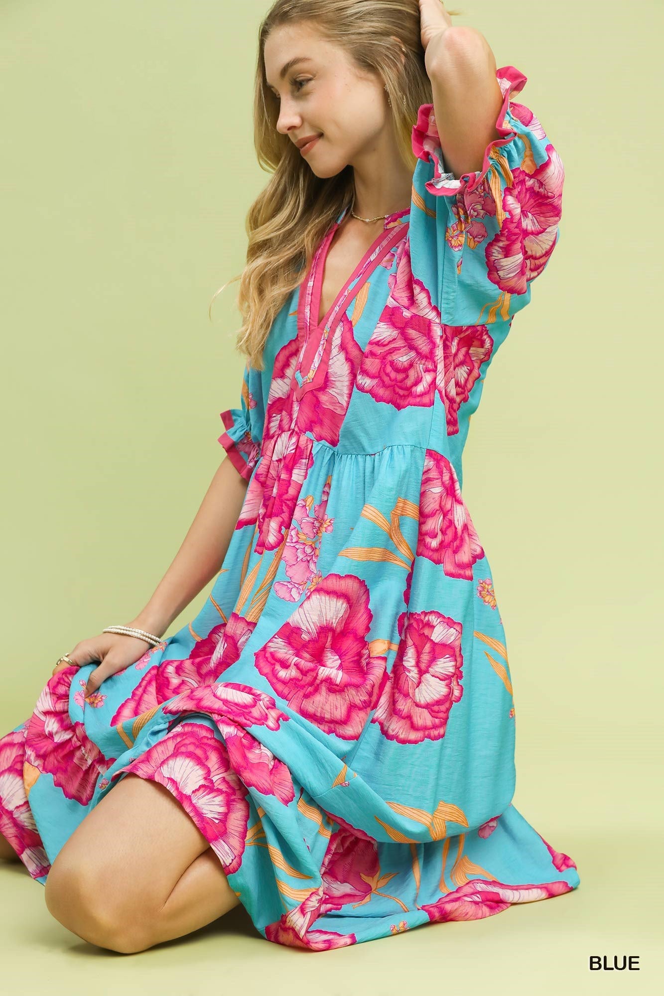 Umgee Floral Print Midi Dress with Contrast Trim