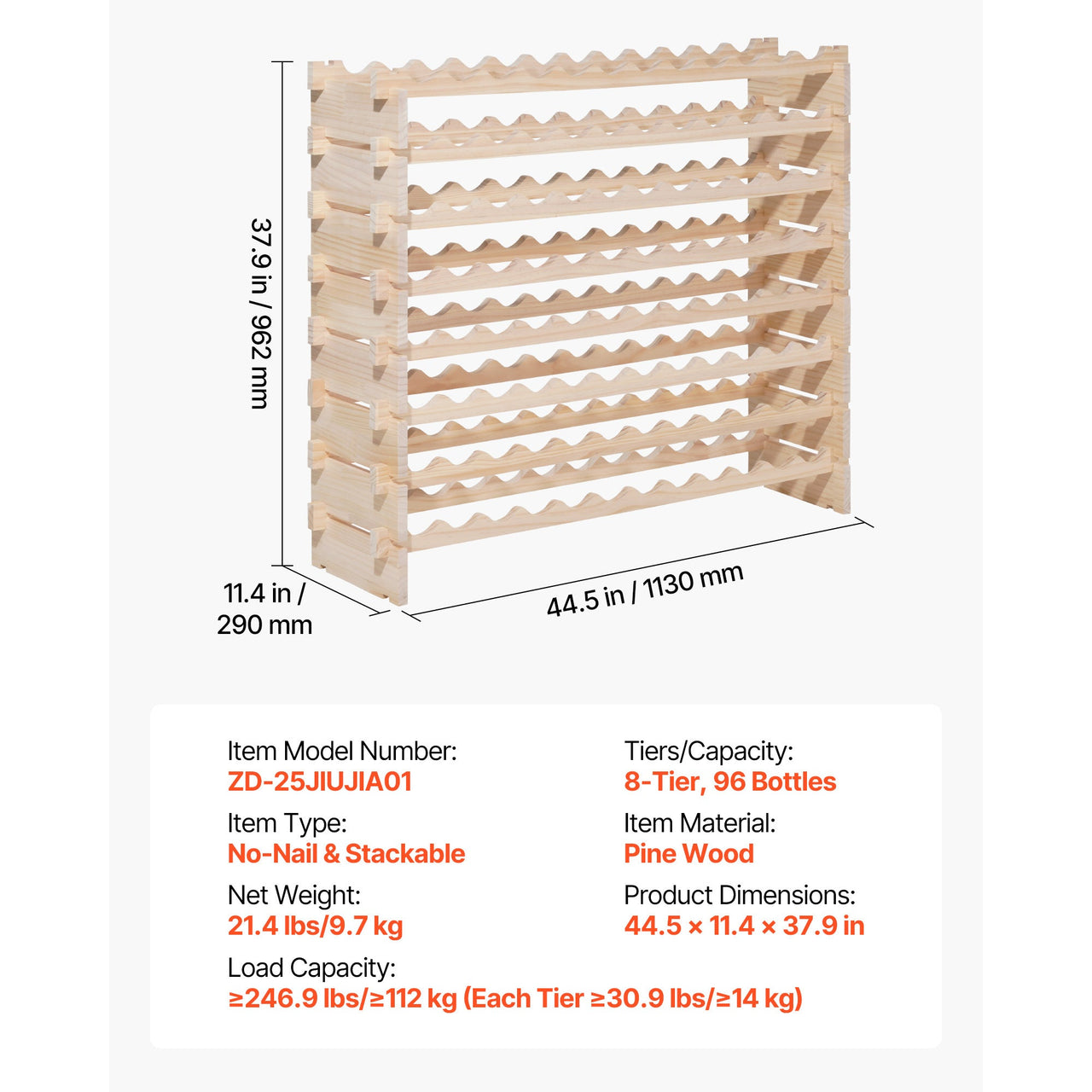 96 Bottle Stackable Modular Wine Rack, 8-Tier Wine Bottle Holder,Solid Wood Floor Freestanding Wine Storage Rack For Pinot Noir bottles,For Kitchen, Cellar, and Bar, Natural