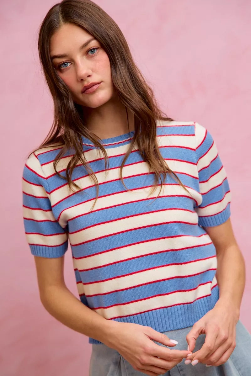 SO ME Stripe Knit Crew Neck Short Sleeves Sweater Top
