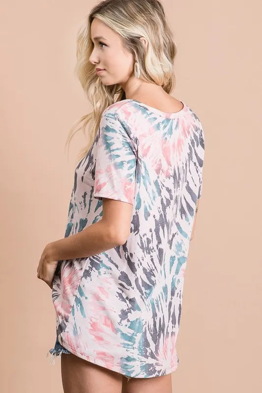 BiBi Tie Dye Print Terry Deep U Neck Top