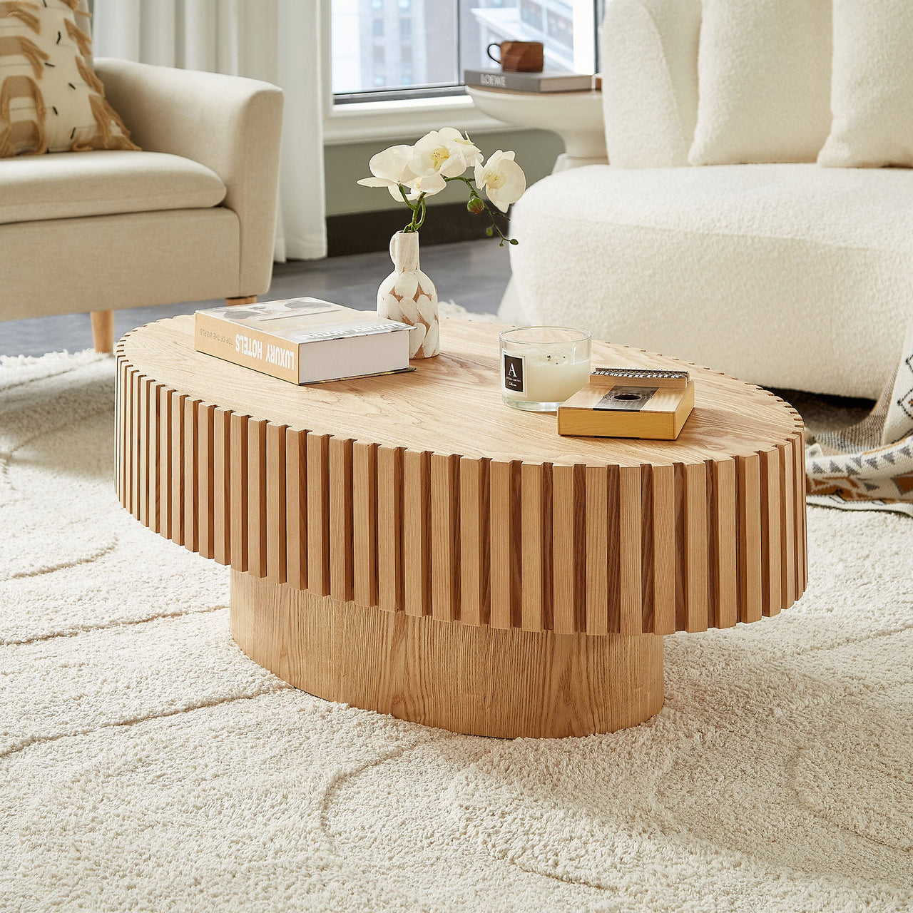 Modern Handcraft Drum Coffee Table Length 43.7 inch Ellipse Coffee Table for Living Room,Oval Small Coffee Table with Sturdy Pedestal,Natural Ash MDF