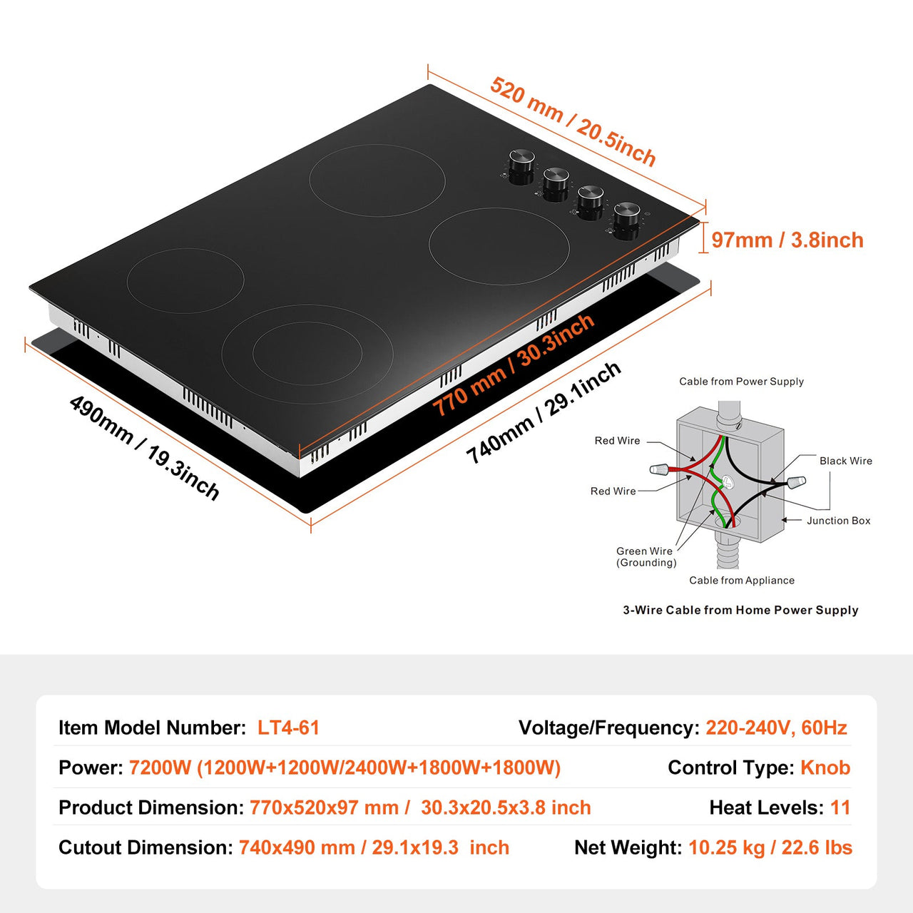 Built-in Electric Cooktop Radiant Ceramic Cooktop 4 Burners 30.3x20.5 inch
