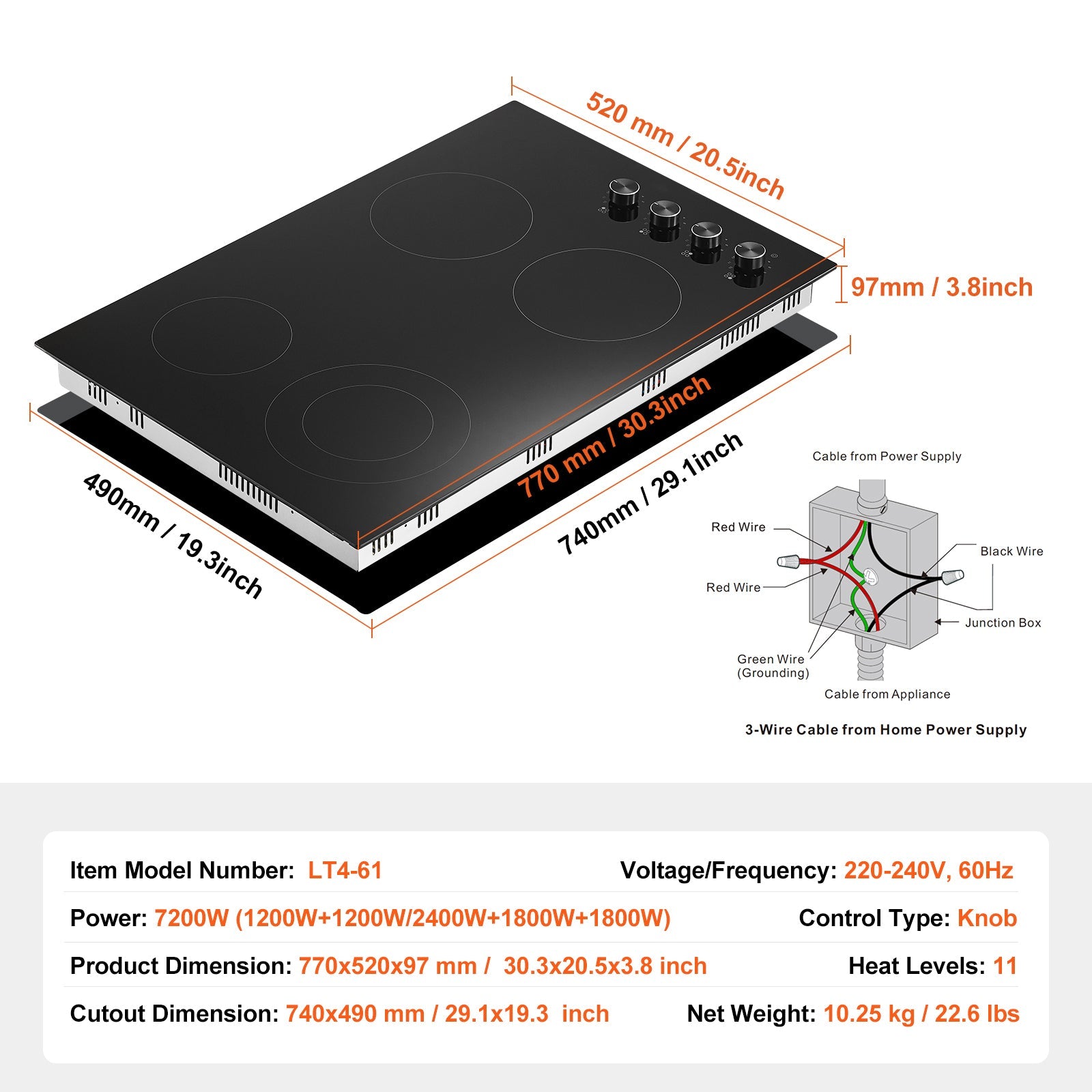 Built-in Electric Cooktop Radiant Ceramic Cooktop 4 Burners 30.3x20.5 inch