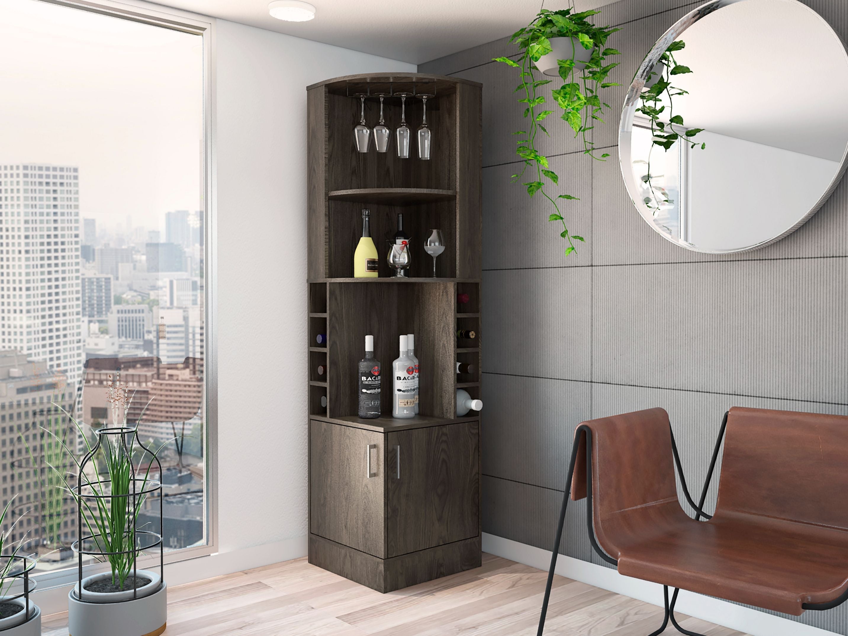 Seattle Bar Cabinet, Eight Bottle Cubbies, Two Large Open Shelves