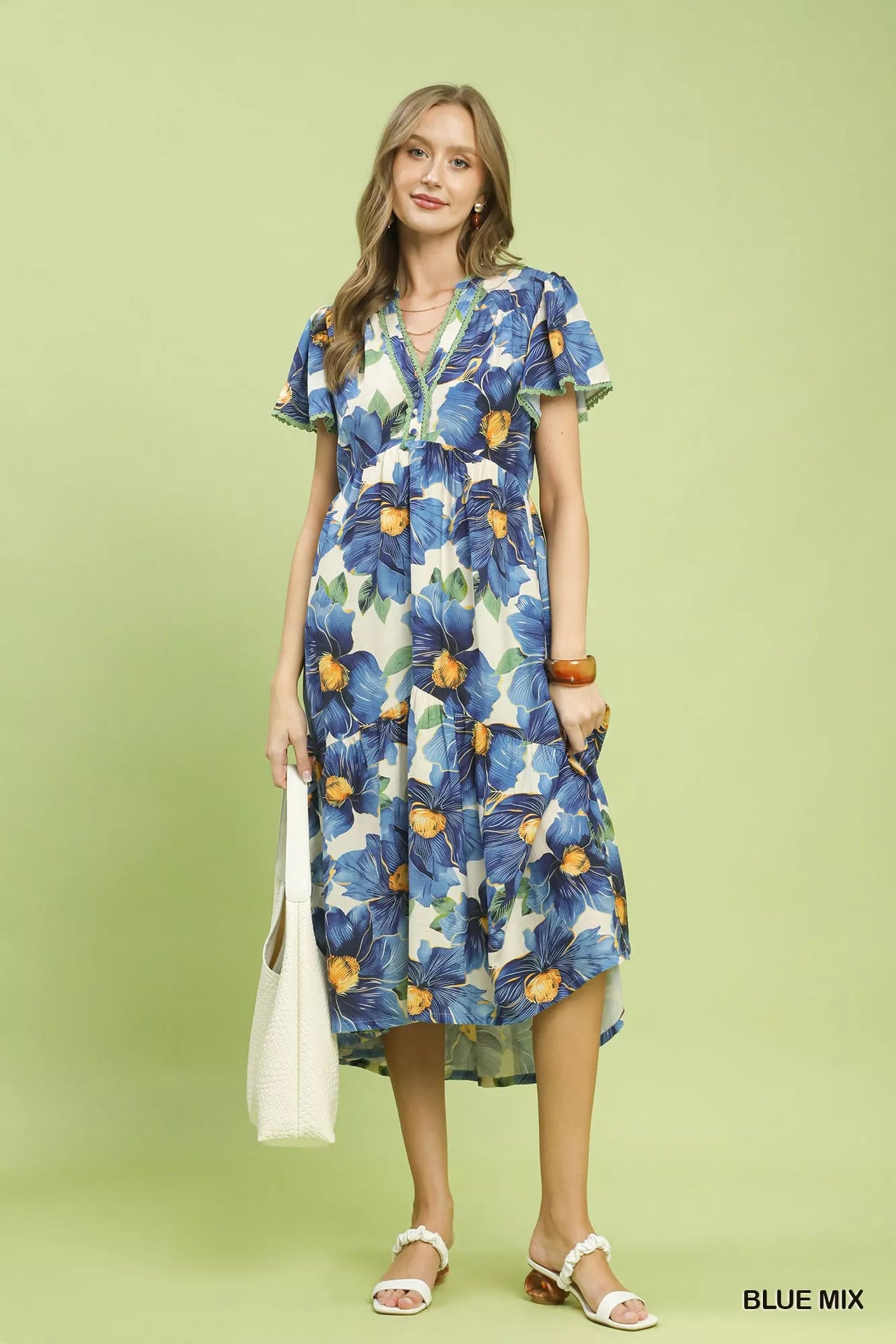 Umgee Tropical Floral V-Neck Flutter Sleeve Tiered Midi Dress