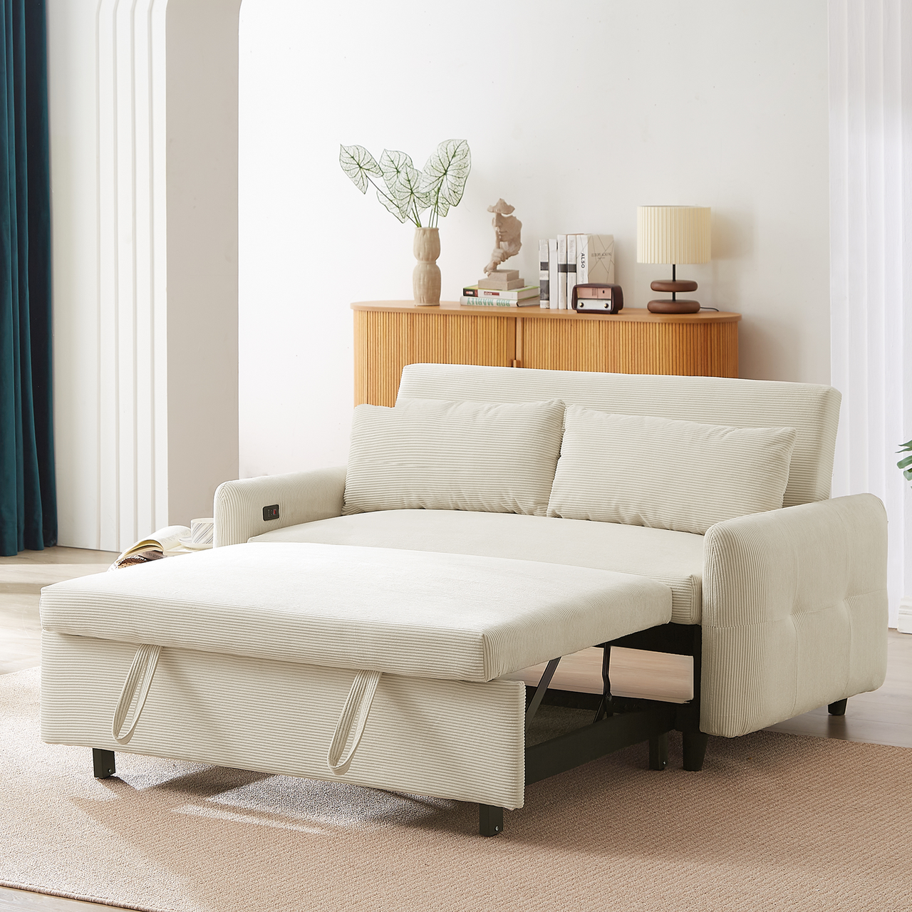 Modern Convertible Pull-out Sofa Bed with USB Ports and Pillows, Beige Corduroy, 57.48 inches