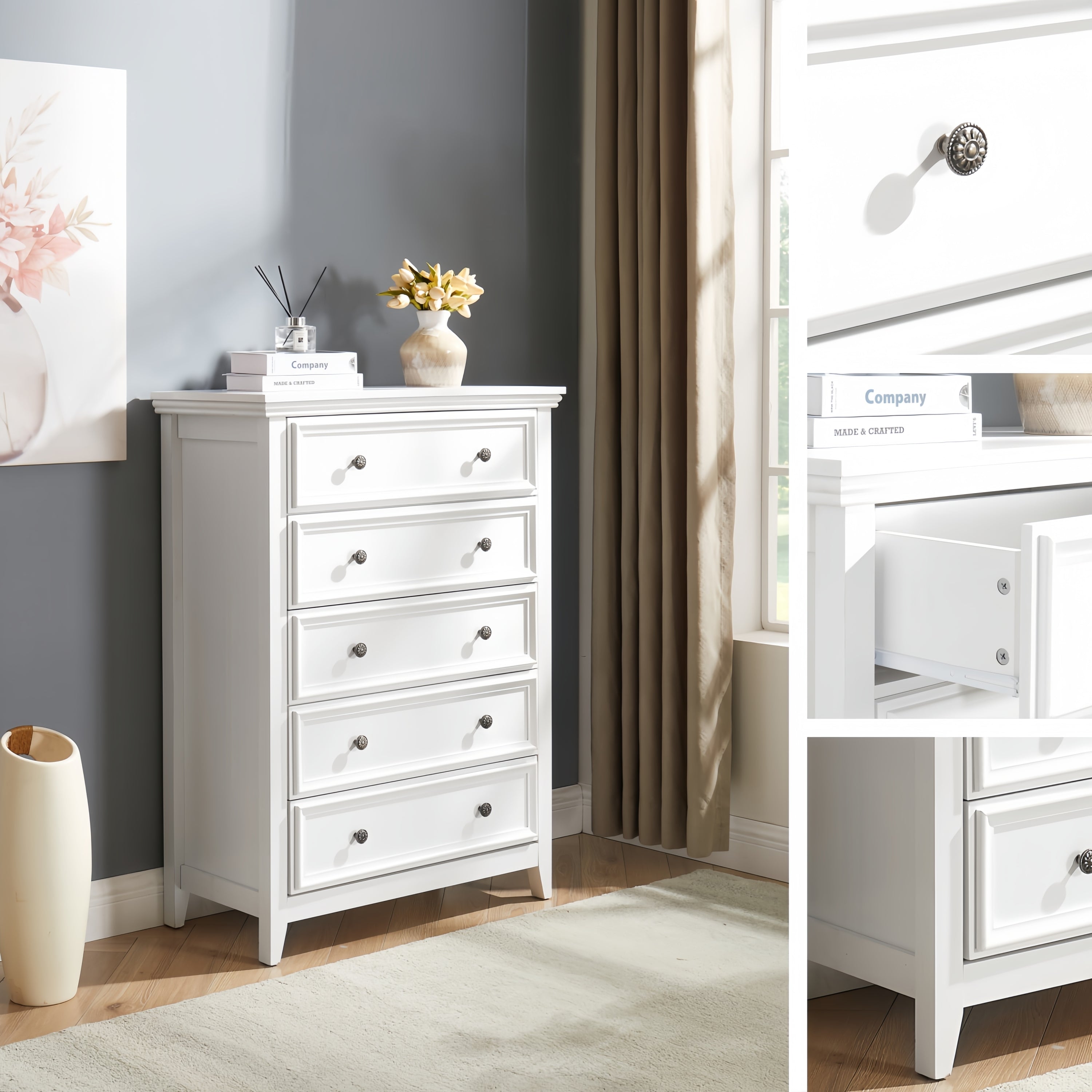 Modern 5 Drawers Dresser 5 Drawers Cabinet,Chest of Drawers Closet Organizers and Storage Clothes Storage Drawers Cabinet for Living Room, Farmhouse Dresser Organizer WHITE