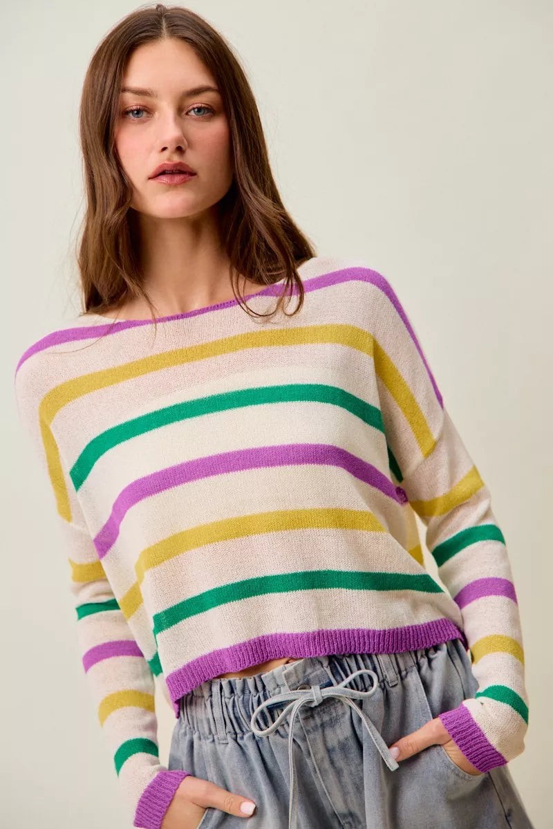 SO ME Mardi Gras Color Stripe Lightweight Sweater Top
