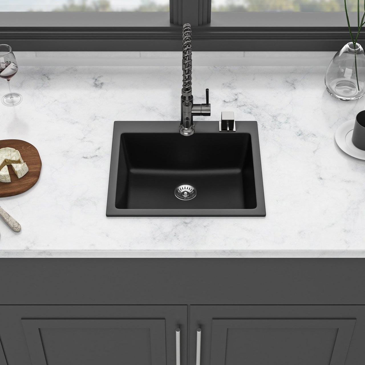 Quartz Kitchen Sink - 25 x 22 Inch Black Granite Composite Drop-In Sink