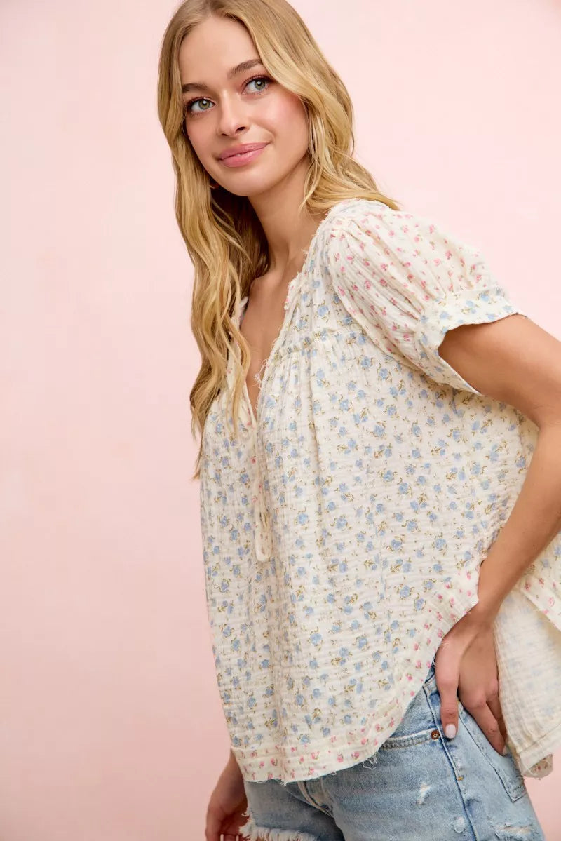 BiBi Floral Crinkle Neckdrop Short Sleeve Blouse Top