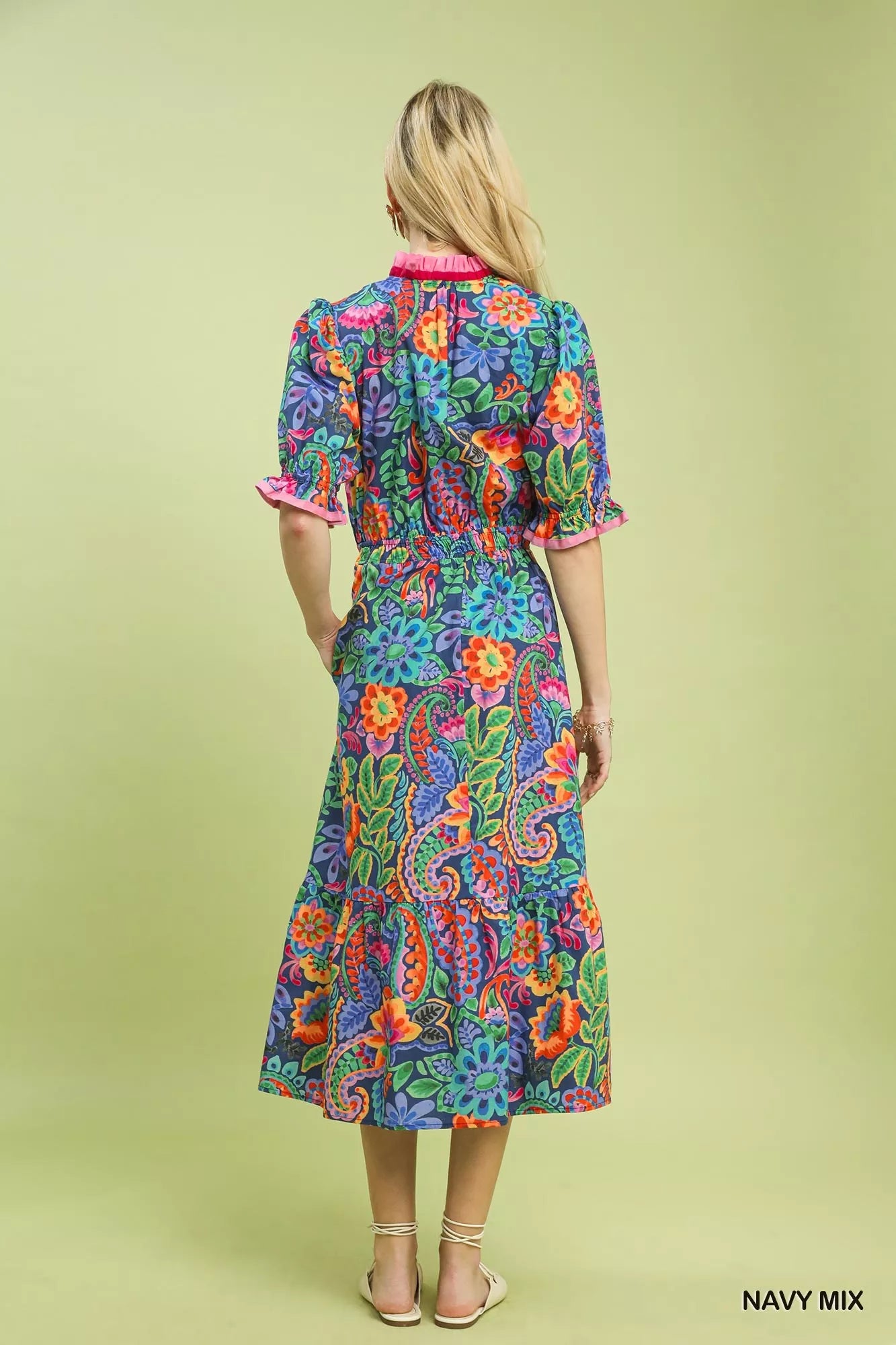 Umgee Mix Floral Midi Dress with Ruffle Trim