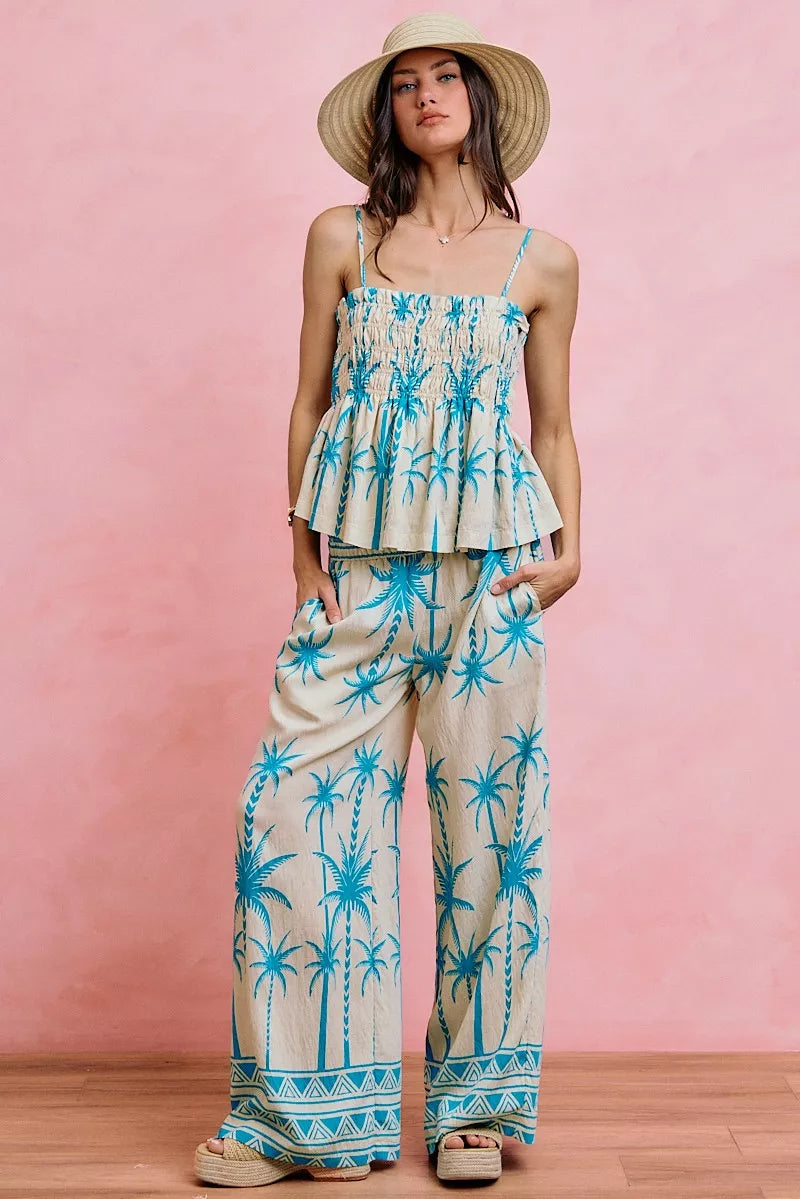SO ME Palm Tree Smocked Bodice Adjustable Cami Top