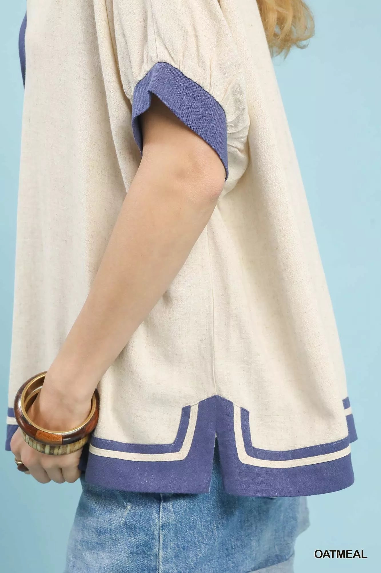 Umgee Linen Button Front Top with Contrast Piping