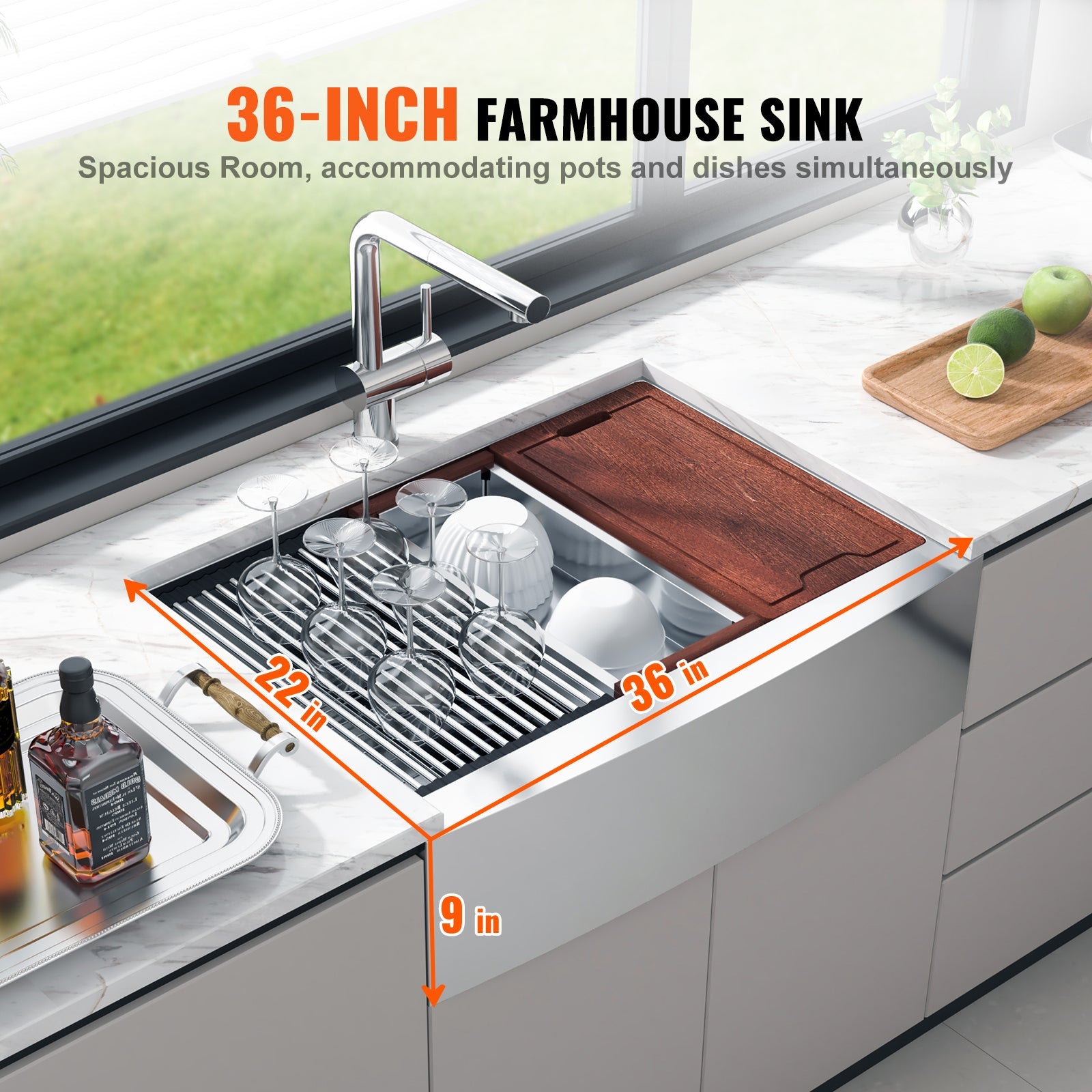 Farmhouse Kitchen Sink, 304 Stainless Steel Drop-In Sinks, Single Bowl Basin with Ledge & Accessories, Household Dishwasher Sinks for Workstation, Prep Kitchen, and Bar Sink, 36 inch