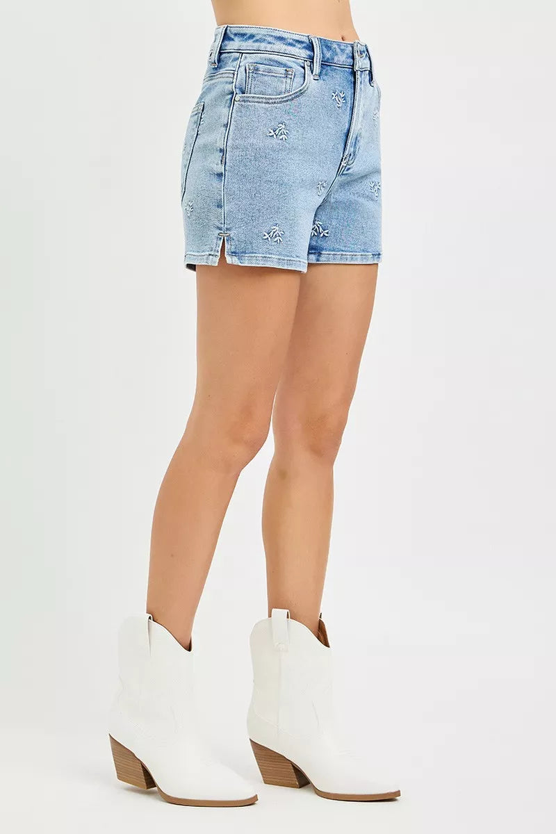 RISEN High Rise Denim Shorts with Embroidered Detail