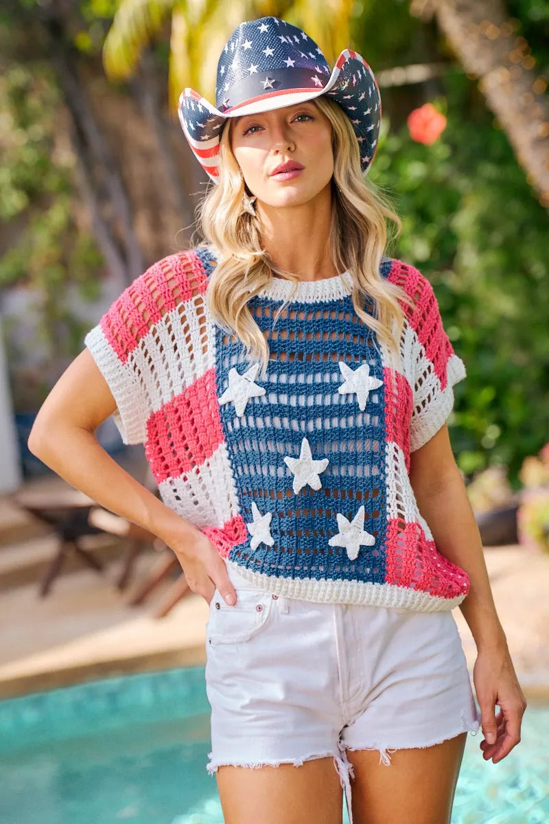 BiBi Crochet Star Patches 4th Of July Sweater Cover Up