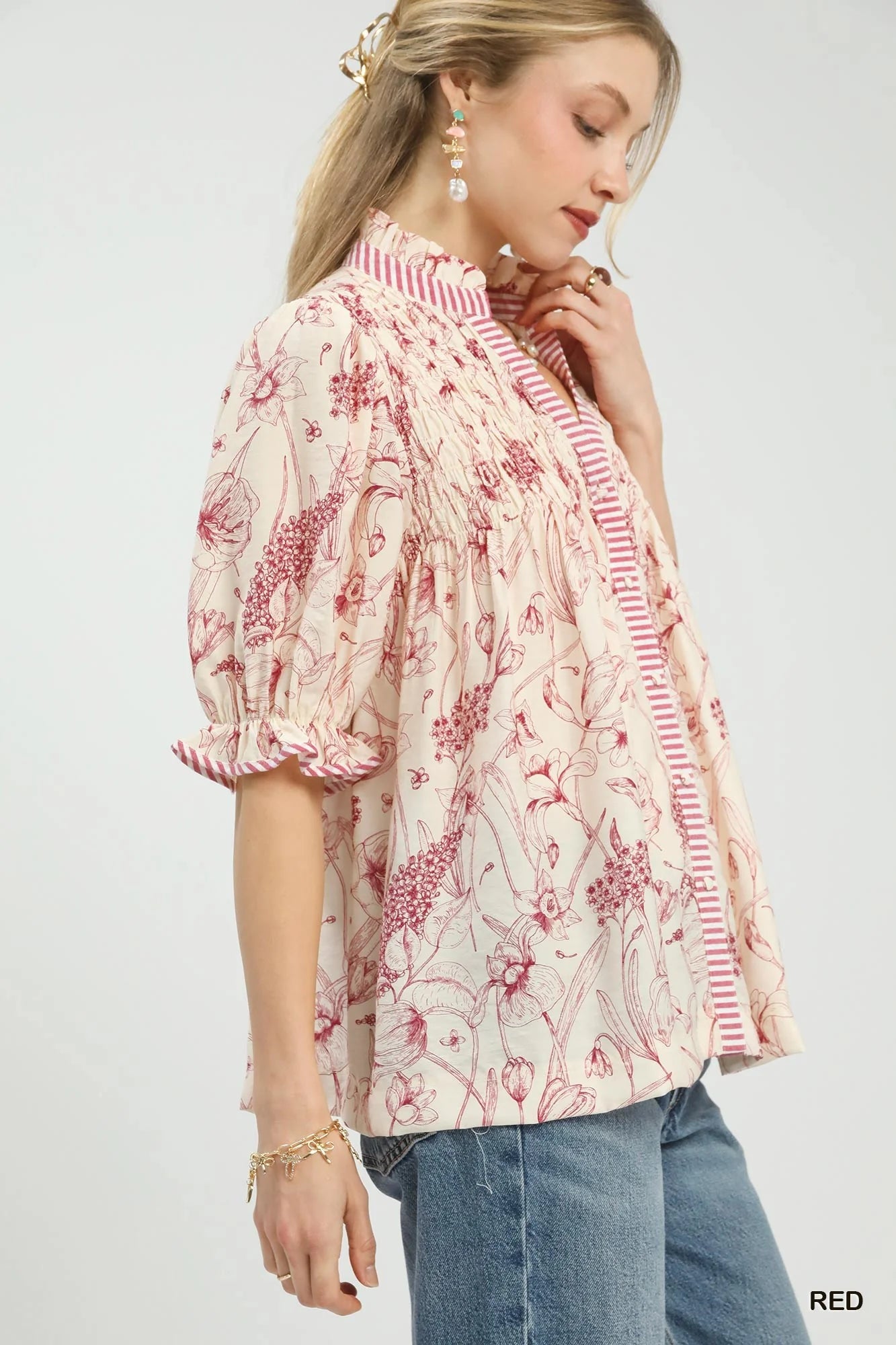 Umgee Mixed Print Button Front Top