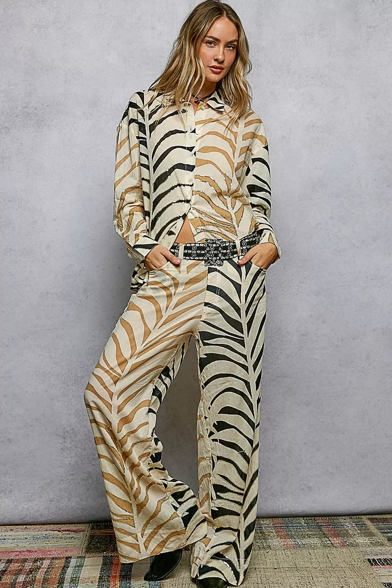 POL Two-Tone Printed Woven Spangle Long Sleeve Shirt