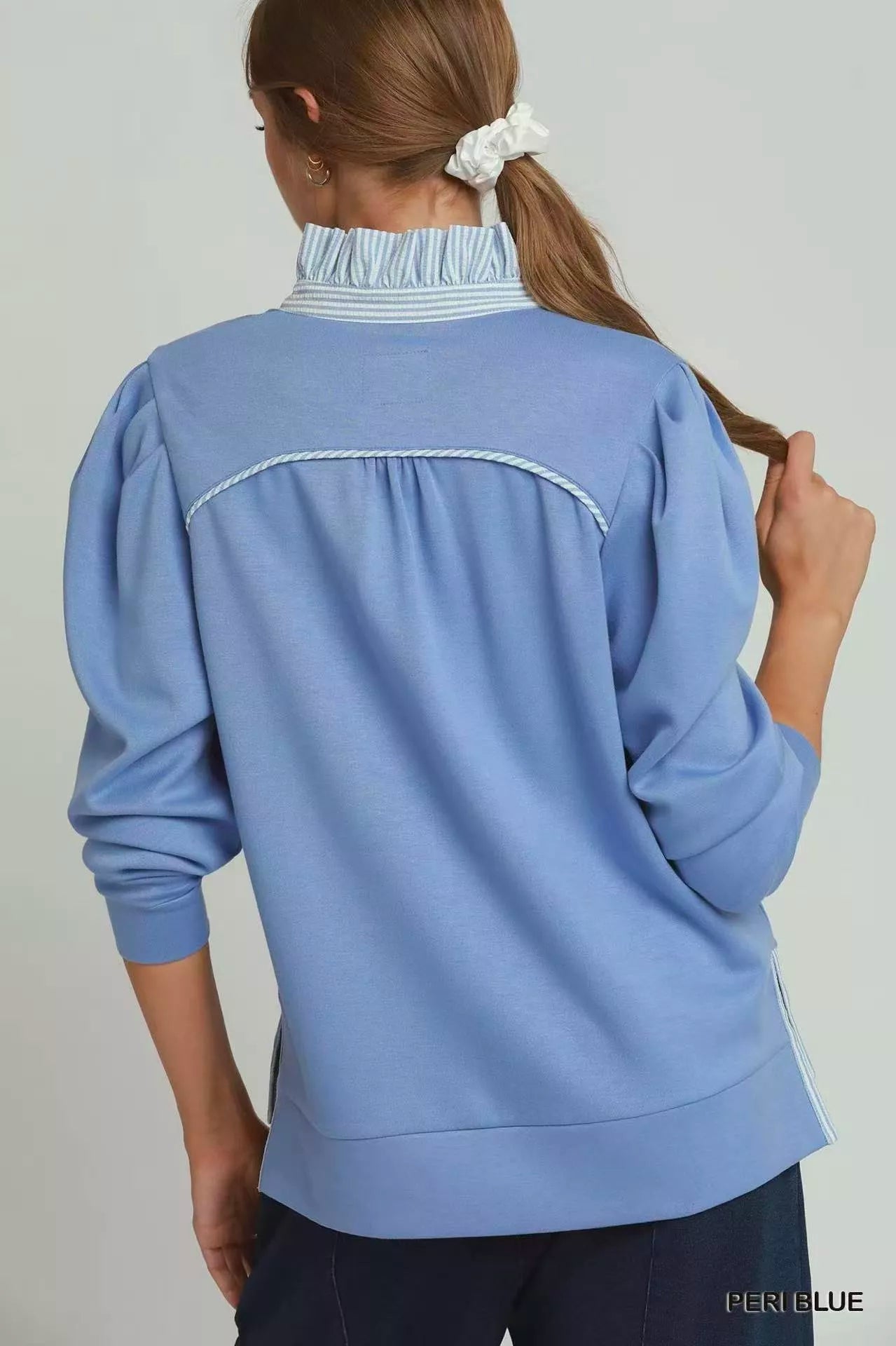 Umgee Stripe Ruffle Neck Long Sleeve Top