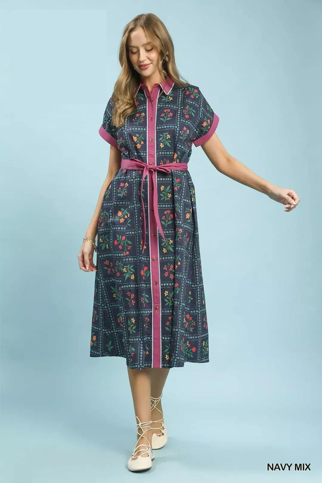 Umgee Mix Floral Button-Front Midi Dress