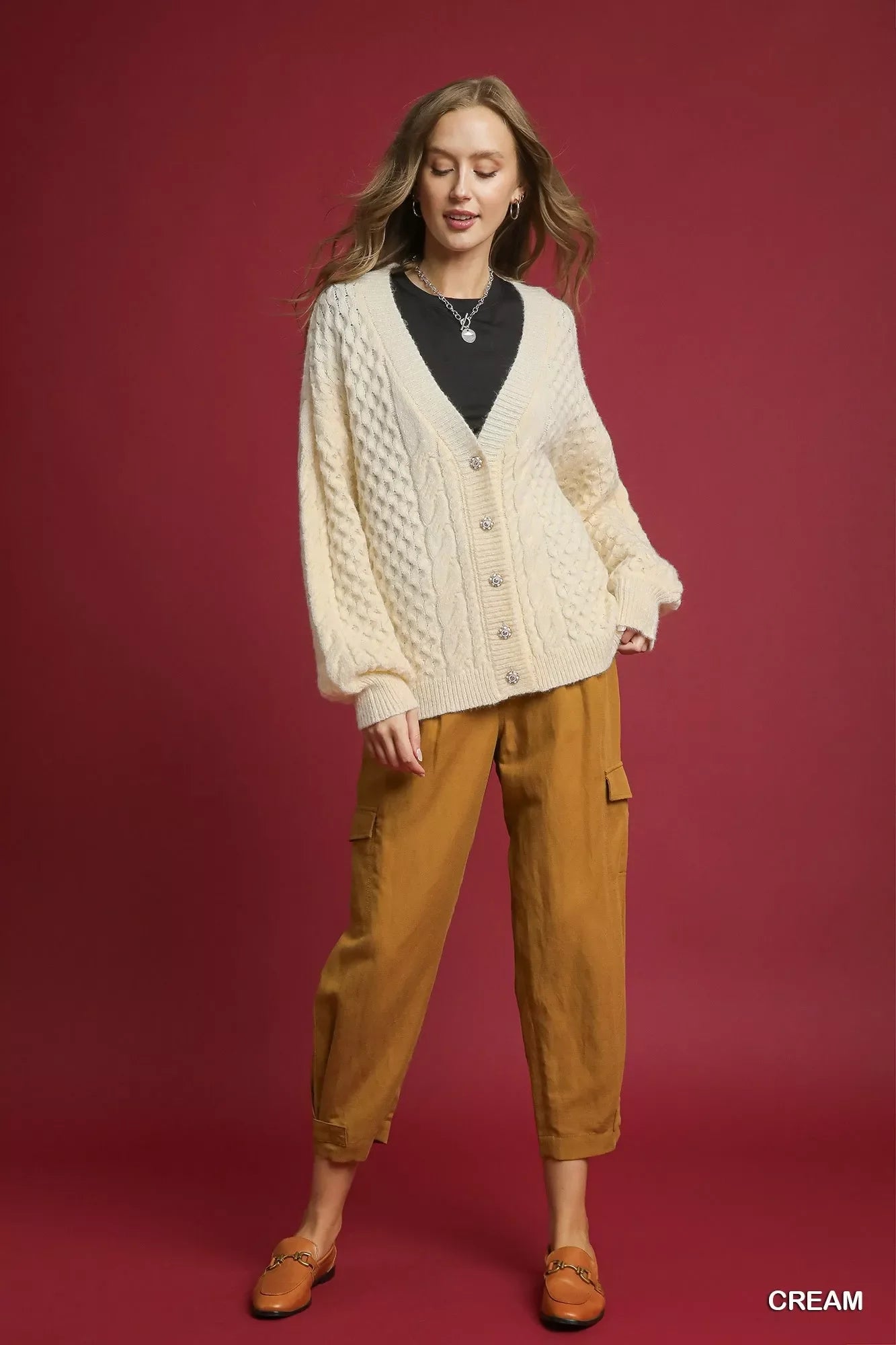 Umgee Cable Knit Pearl Button Cardigan