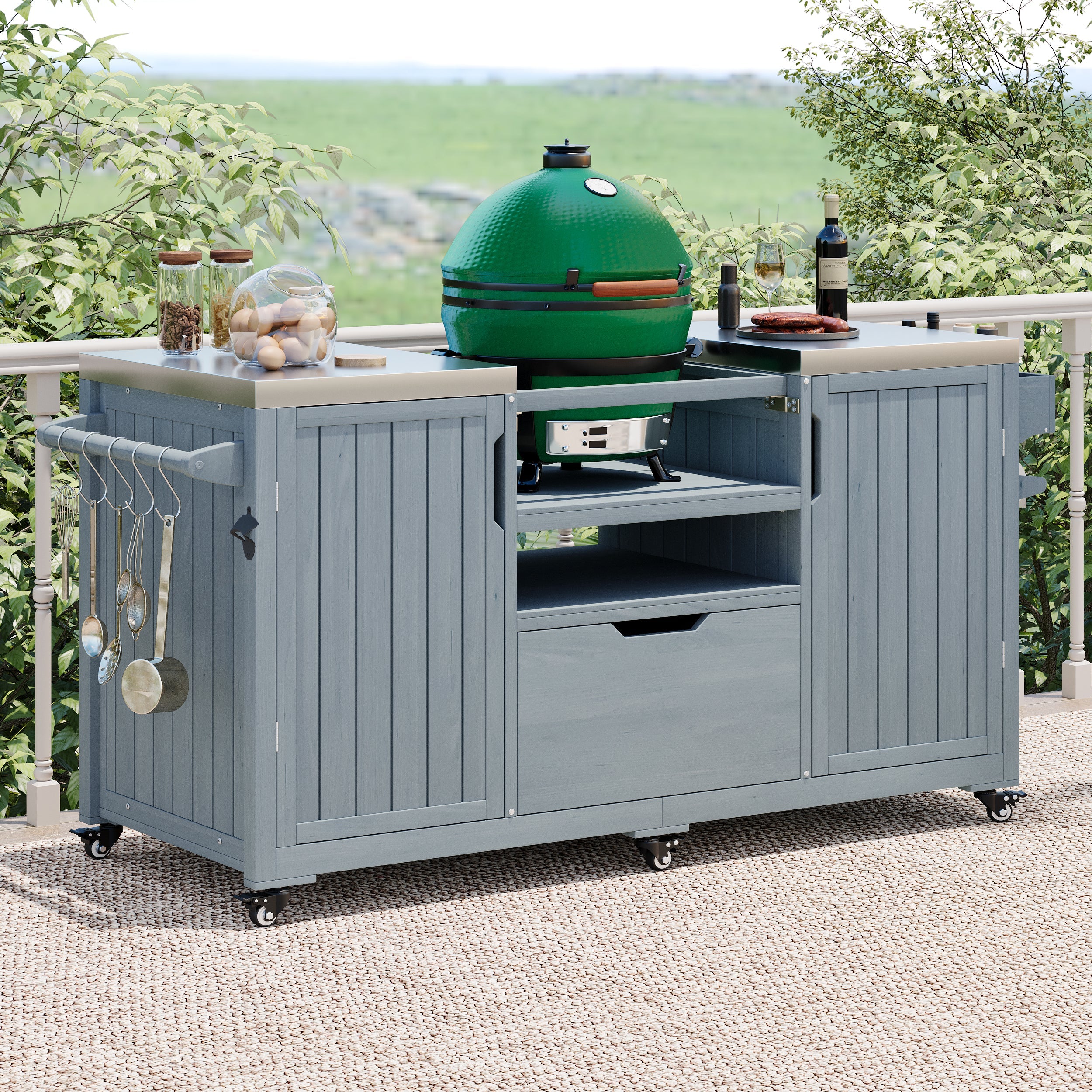 K&K 66.5' Outdoor Kitchen Island for Big Green Egg Grills, Solid Wood Outdoor Grill Cart for Tabletop Grill with Stainless Steel Top, Drawer, Compatible with Large Big Green Egg, Kamado Joe- Grey Blue