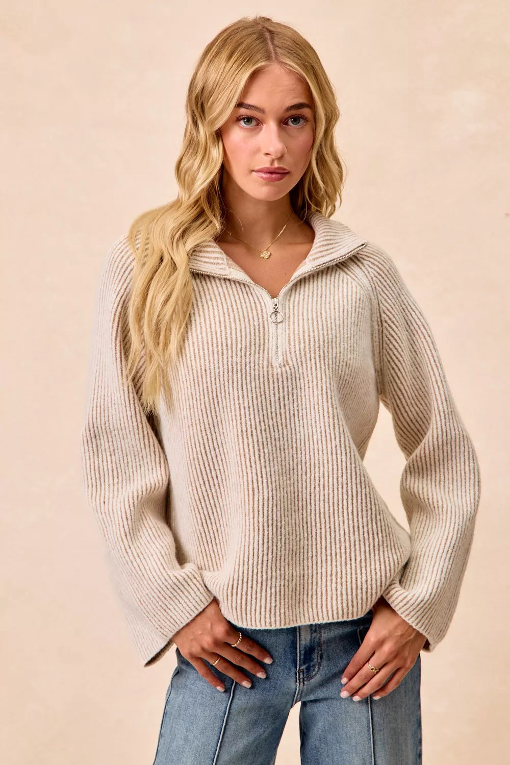 BiBi Two Tone Rib Texured Knit Collared Top with Zip Up