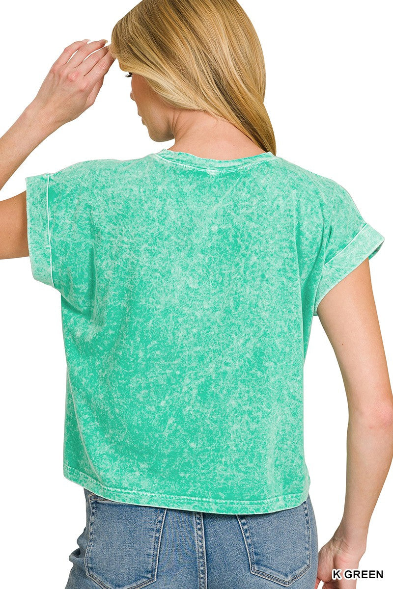 Zenana Halo Snow Washed Cotton Cuffed Short Sleeve Top
