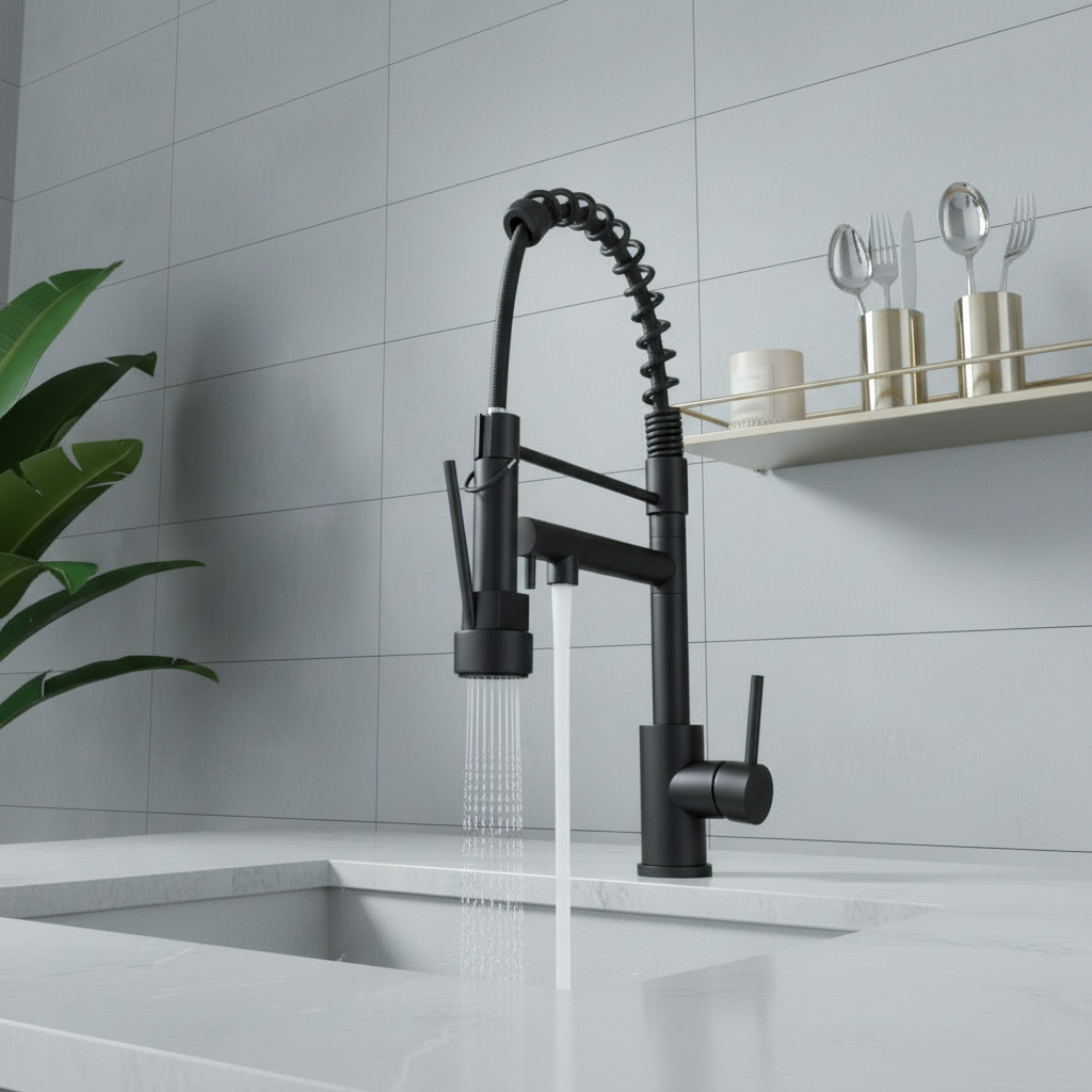 Kitchen Faucet with Pull Down Sprayer, Touch On Single Handle 2- Function Stainless Steel Spring Neck, Single Hole Installation for Residential, Commercial, RV, Bar & More, Matte Black