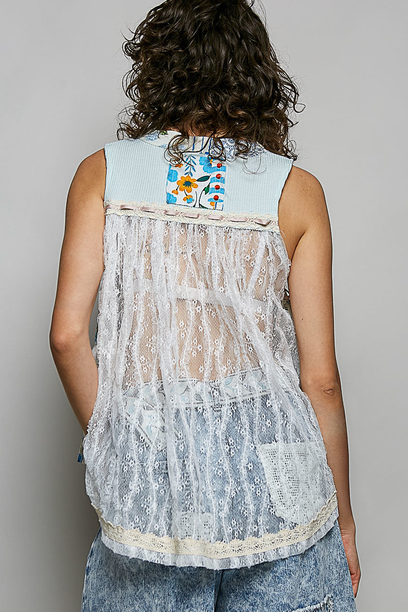 POL Floral V-Neck Sheer Tank with Lace Trim