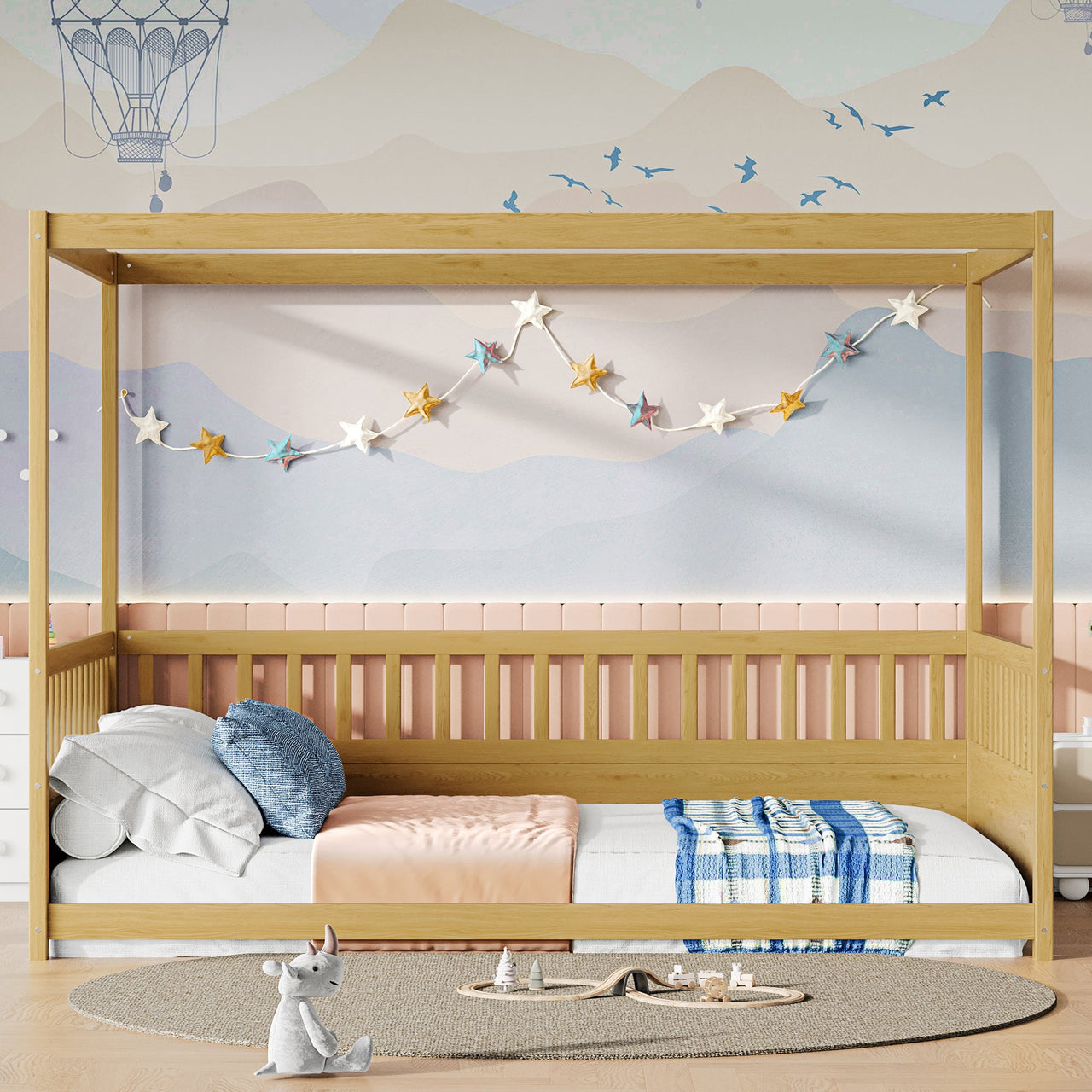 Full Size Canopy Bed Frame with Guardrails for Kids,Floor Bed Full with Four Poster Design,Kids Montessori Floor Bed,Wood Canopy Bed Frame for Girls,Boys(Full,Natural)