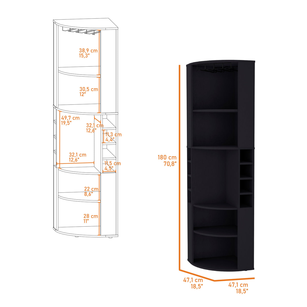 FM FURNITURE Clifton Corner Bar Cabinet, with 5 shelves,Cup Hanger and Eight Built-in Wine Rack, Black