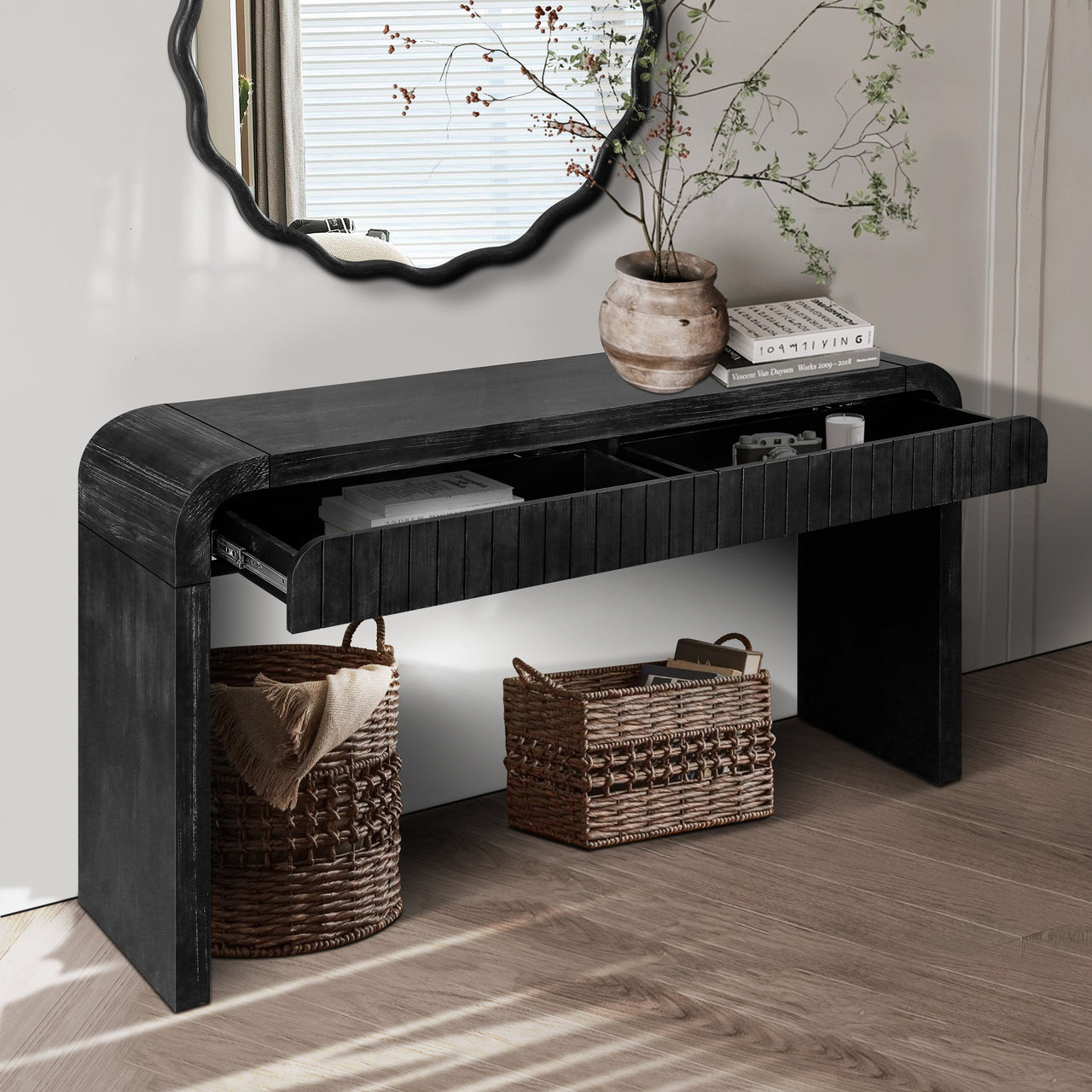 59'' Vintage Crafted Entryway Table,Two Hidden Handle Drawers,Farmhouse Console Table ,Easy Assembly, for Entrance & Dinning Room & Living Room & Hallway (Antique Black)