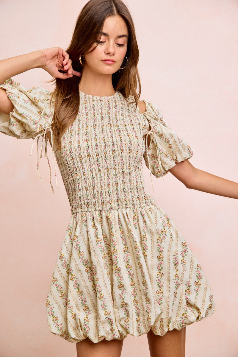 BiBi Floral Bow Tie Attachable Puff Sleeves Dress