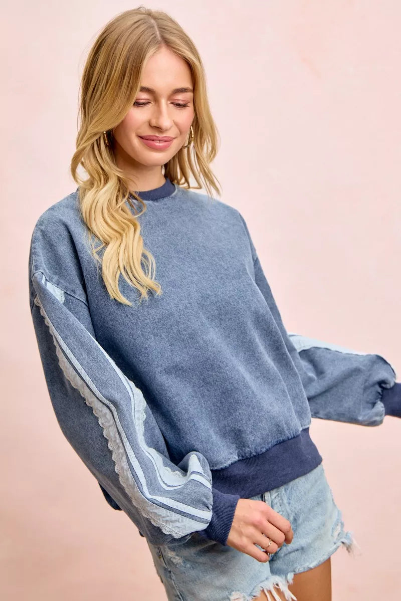 BiBi Washed Denim Lace Contrast Sided Sweatshirt