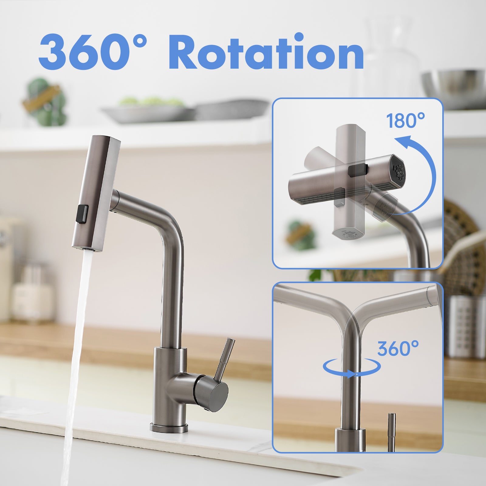 360° Rotation Pull-Down Kitchen Faucet with 3 Spray Modes -Gun Grey /Stainless Steel High-Arc Sink Faucet