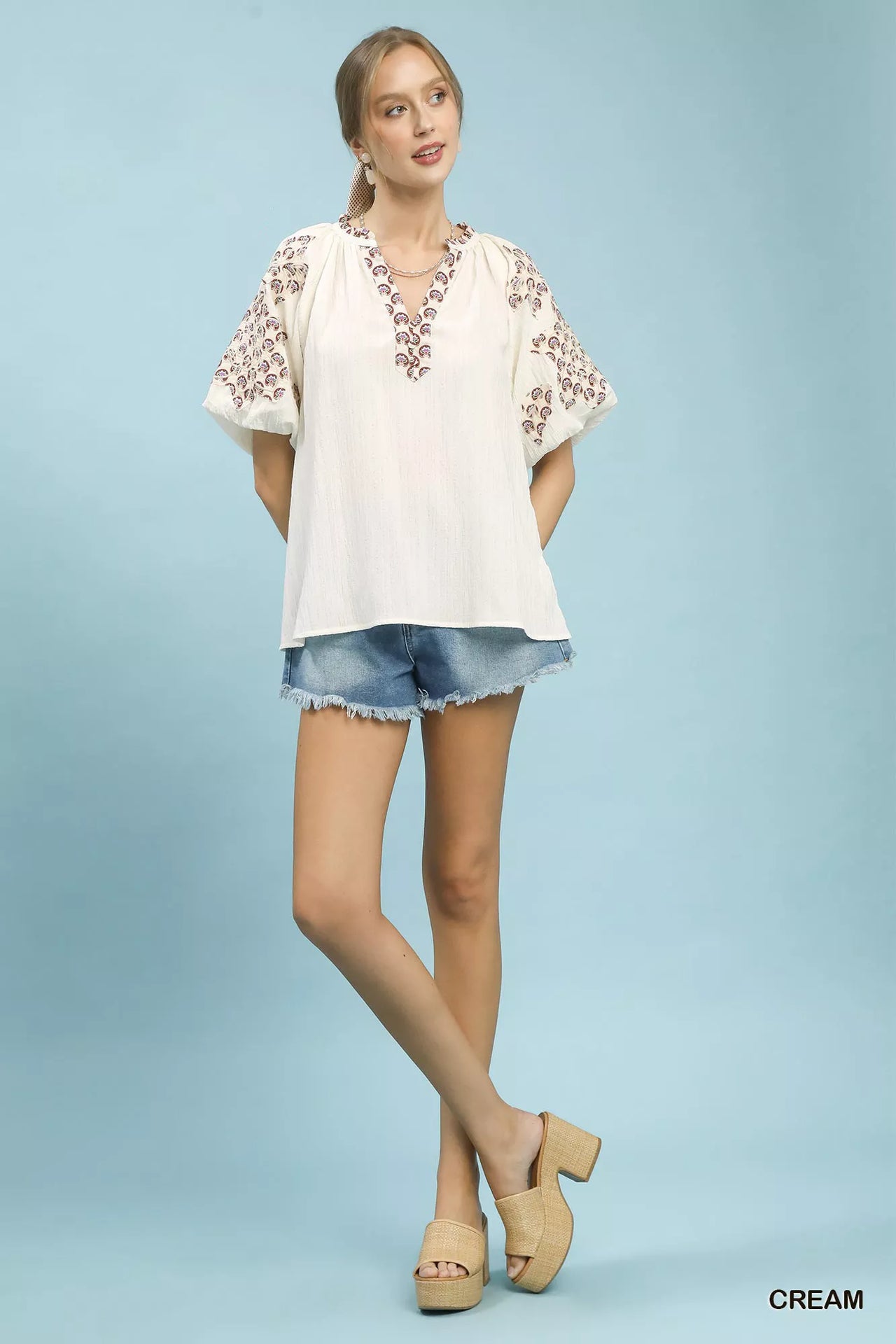 Umgee Embroidered Sleeve Contrast Trim Top