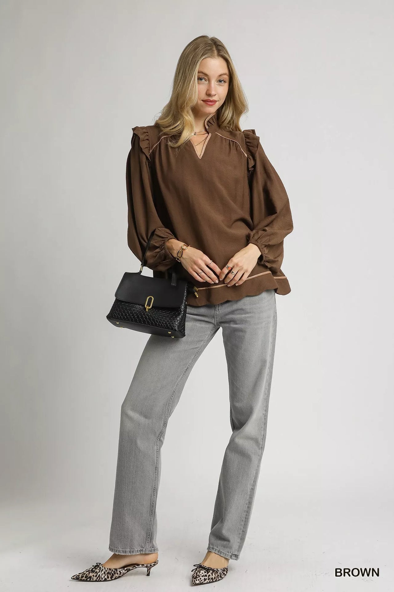 Umgee Ruffle Shoulder Long Sleeve Blouse