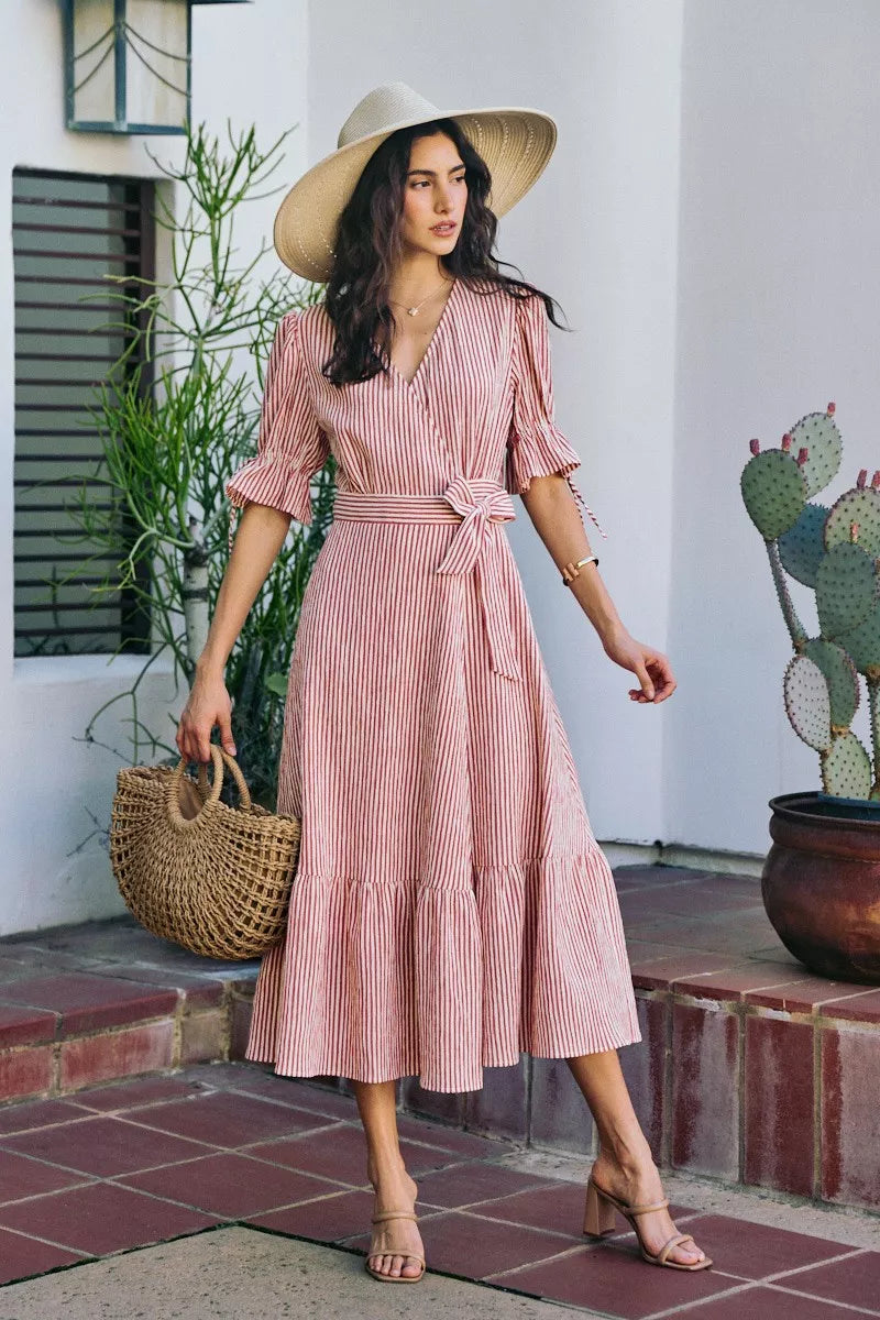 SO ME Stripe Textured Short Sleeves Lined Wrap Midi Dres