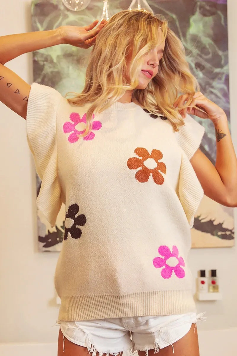 BiBi Flower Printed Ruffled Sleeves Top