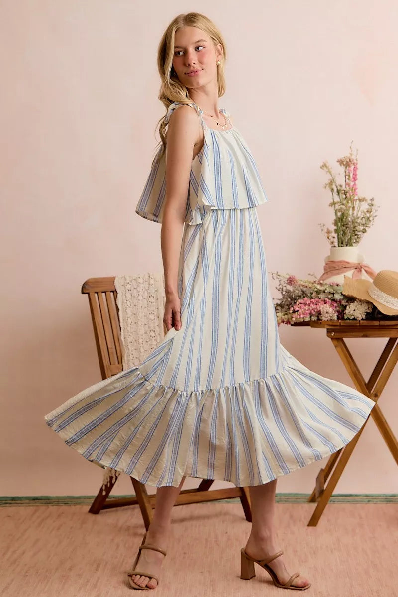 SO ME Stripe Tiered Shoulder Tie Midi Lined Dress