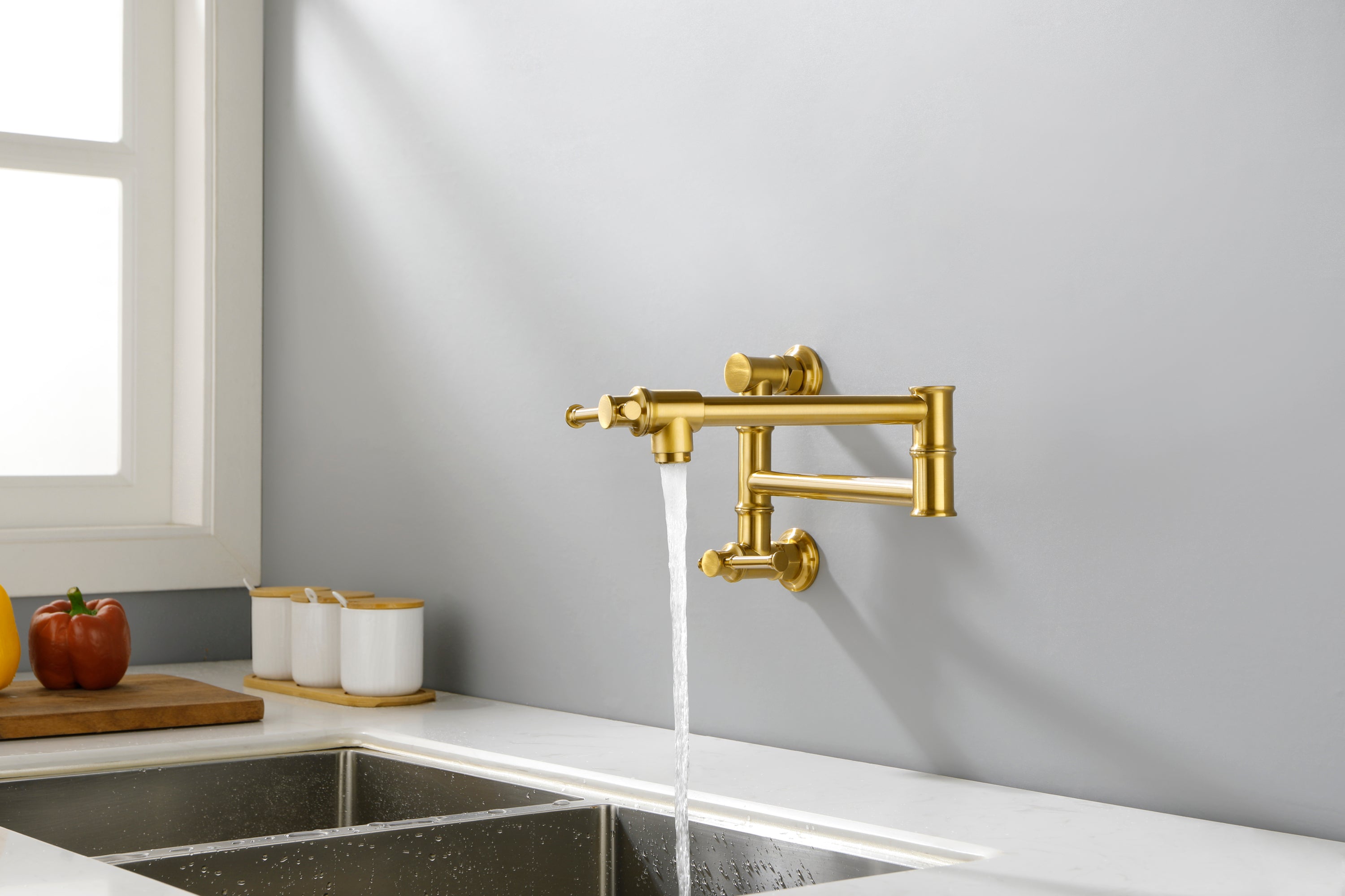 Wall mounted Pot Filler Faucet, Modern Brass Pot Filler Two-Attachment Wall Mount Folding Kitchen Pot Filler Swing Arm