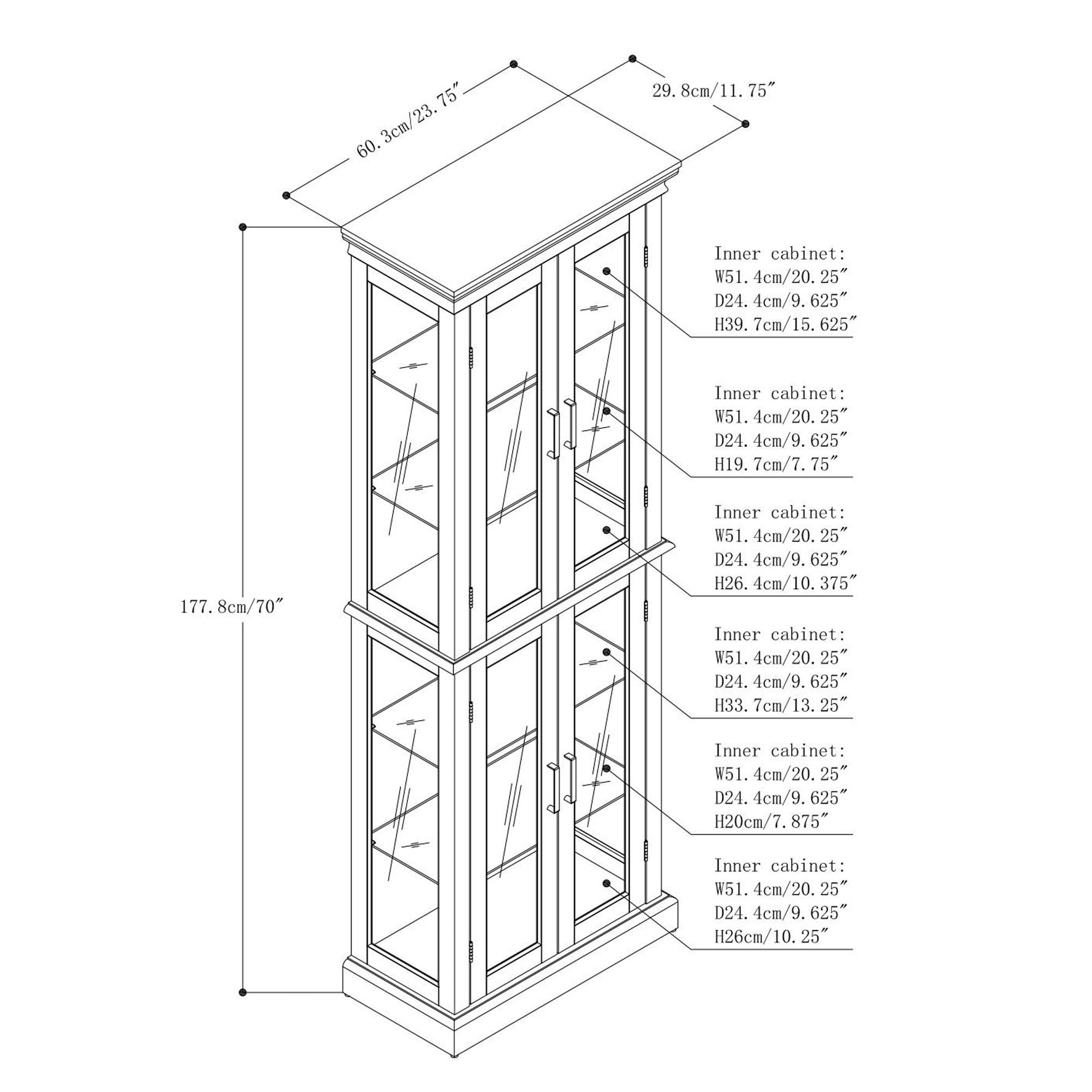 Lighted Curio Cabinet with Adjustable Shelves, Mirrored Back, and Tempered Glass Doors, 6-Tier Walnut Finish