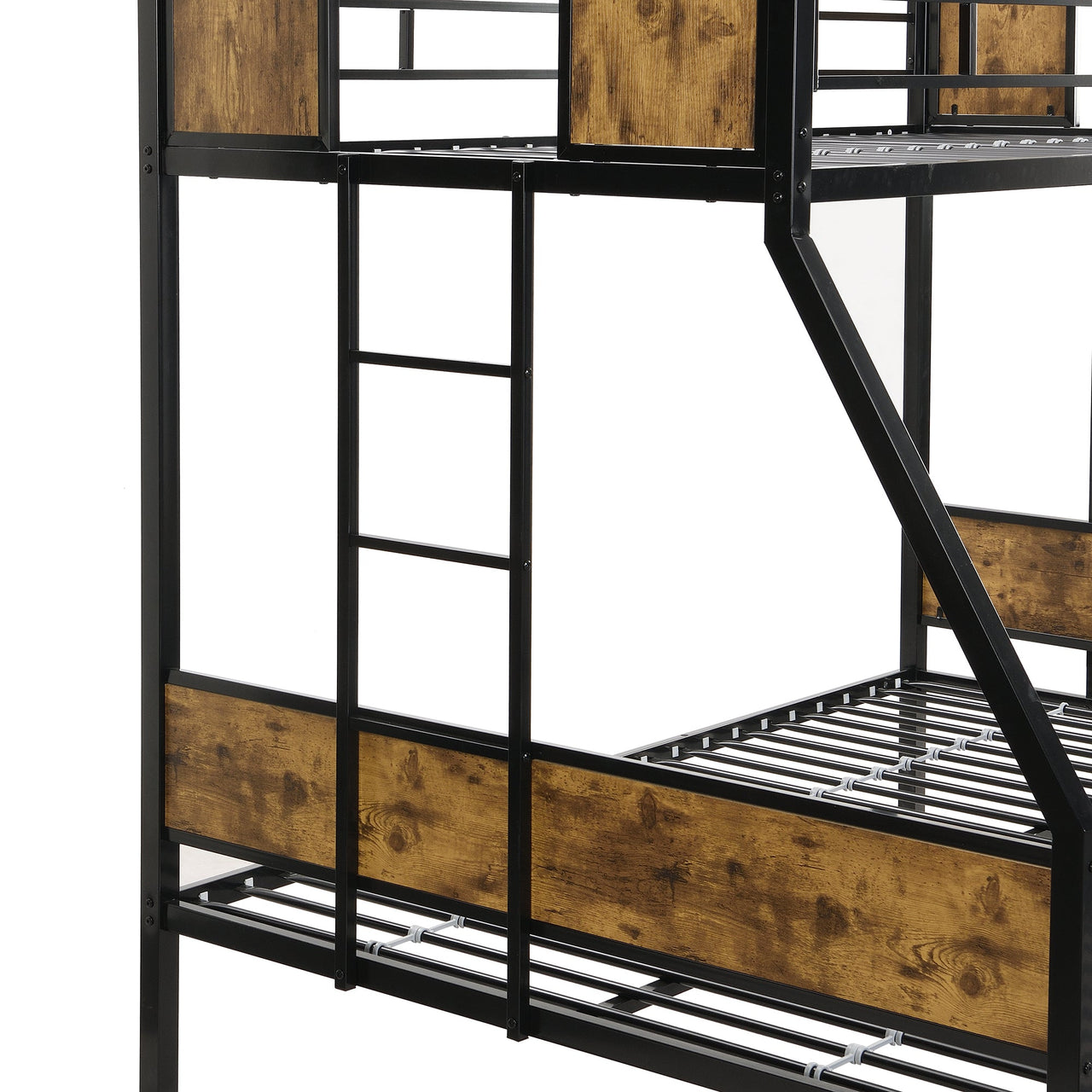 Modern Twin Over Full Metal Bunk Bed with 2-Side Ladder, Full-Length Guardrail, No Box Spring Needed, Black & Brown
