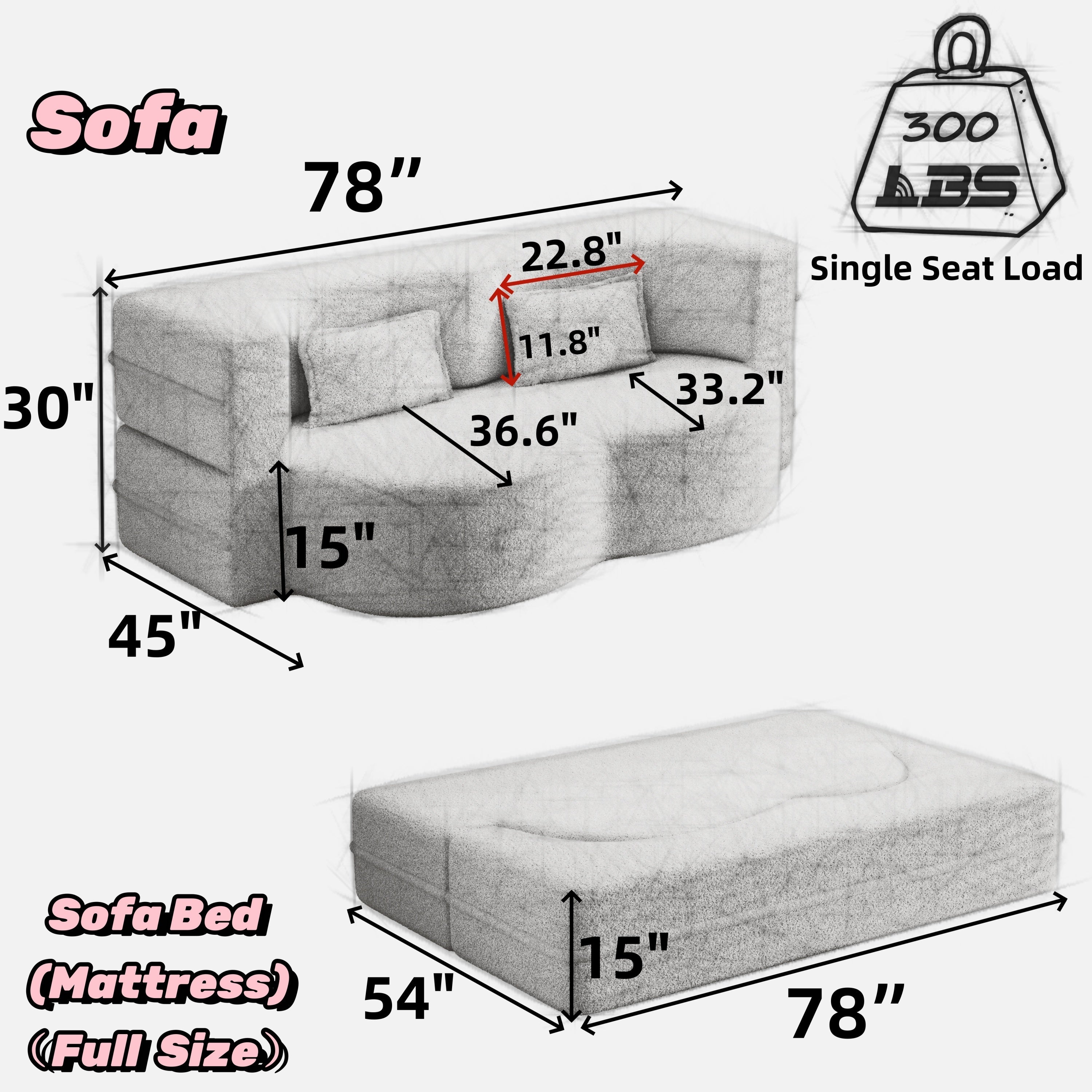 Modern Floor Sofa with 2 Pillows,Convertible Teddy Fabric Foam Filled Sleeper Sofa Bed,15 ' Full Size Folding Mattress for Living Room,Guest Bed,Playroom,No Assembly Required,Pink