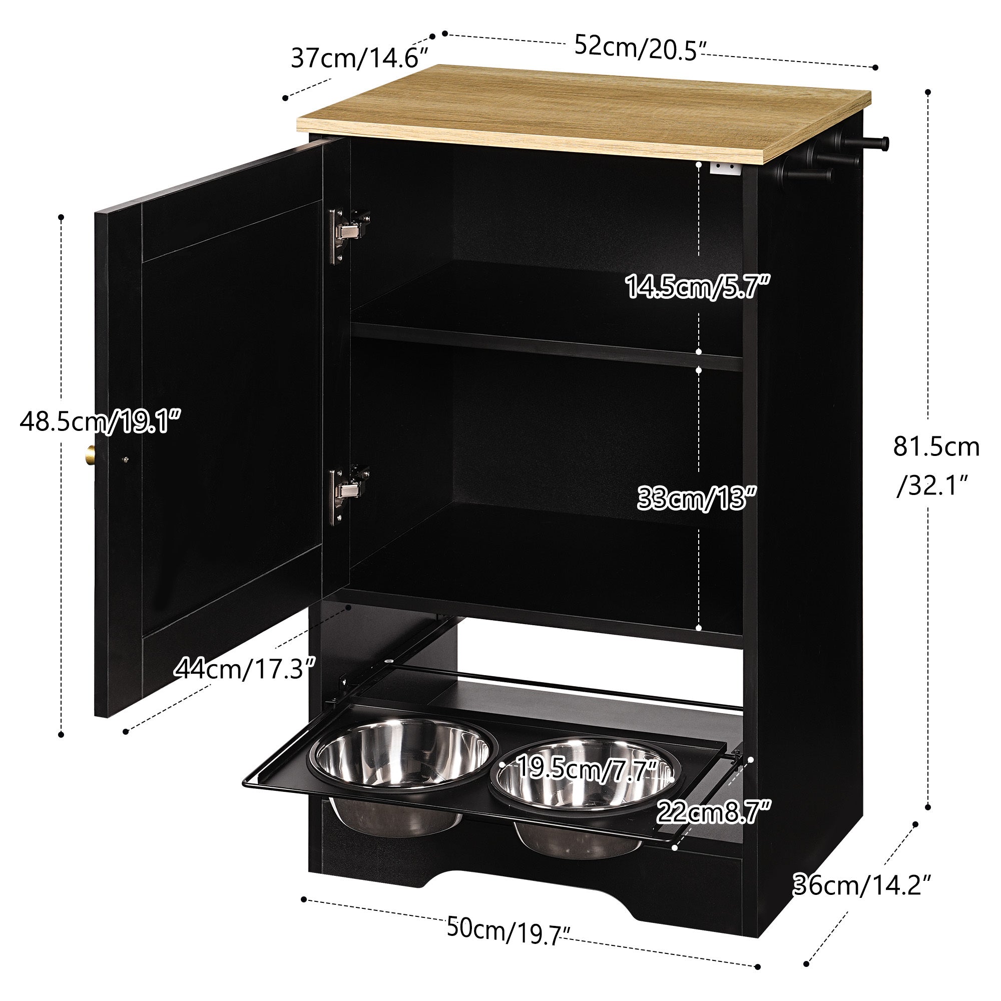 Feeding Station with 1 Storage Cabinets, Pet Feeding Station with 2 Elevated Dog Bowls, Side Hooks, Anti-tip Kit, Hidden Pet Feeder Station for Feeding & Watering, Black